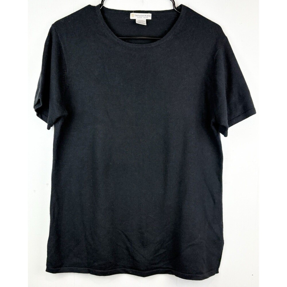 Women's Silk Cashmere Short Sleeve Black Sweater Luxury Minimalist Size Large